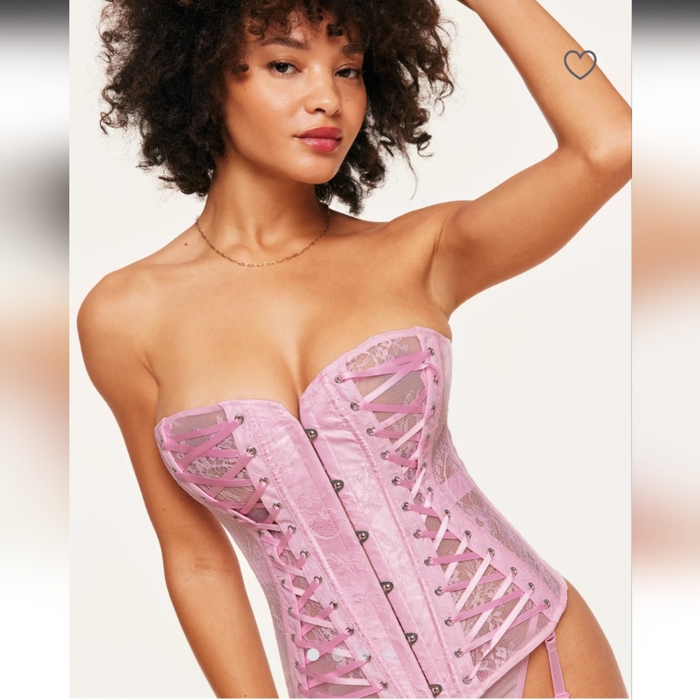 🆕️ Adore ME Unlined Boned Pink Lace-Up Corset W/ Mataching G-String